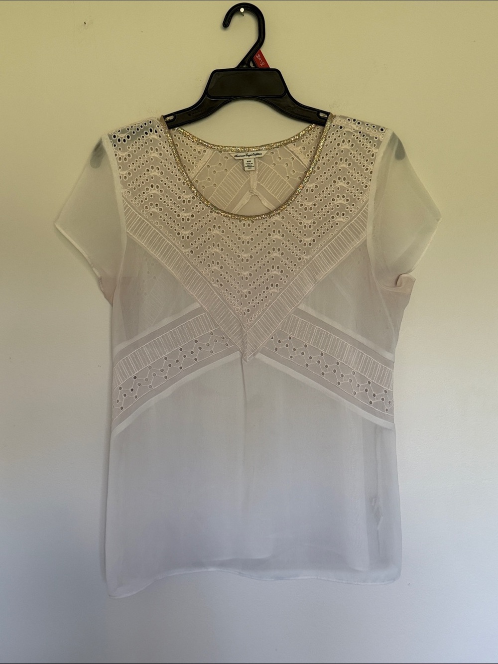 Sheer Cream Embroidered Scoop Neck Blouse with eyelet detail
